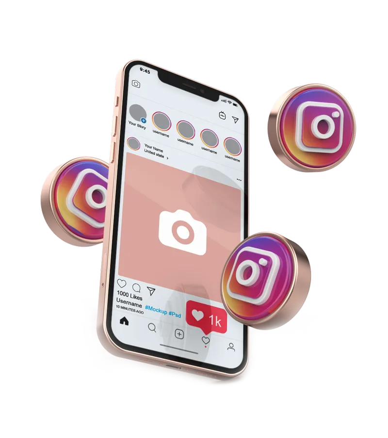 A phone showing an Instagram post, with Instagram logos around it